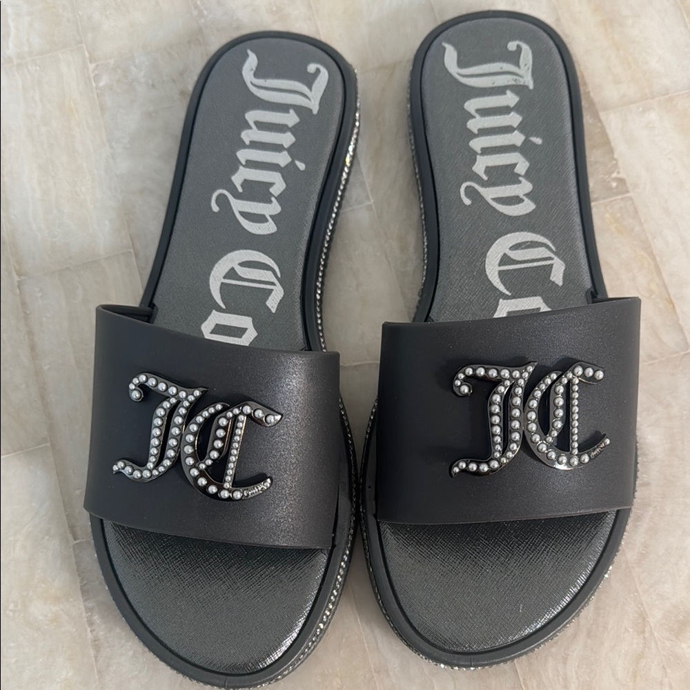Juicy Couture dark grey Slide Sandals with rhinestones and pearls designed